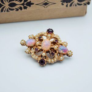 Hat or Lapel Pin Pink Cabochons & Purple Rhinestones Gold Tone Filigree Setting